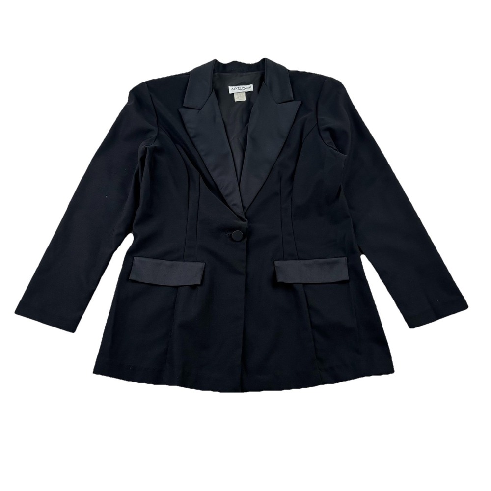 Alyn Paige Black Satin Trim Blazer Womens 13/14 Single Button Tuxedo Style Jacky